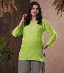 Hand Embroidered Green Cotton Chikankari Quarter Sleeve Stitched Women Short Kurti