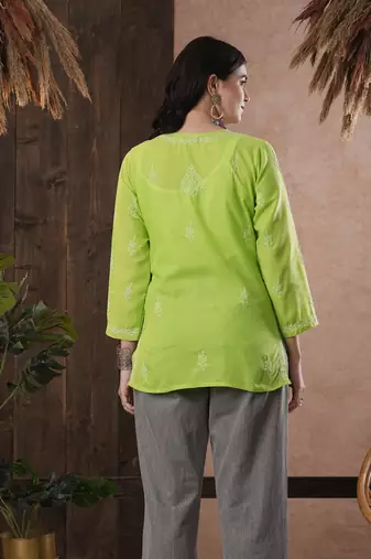 Hand Embroidered Green Cotton Chikankari Quarter Sleeve Stitched Women Short Kurti