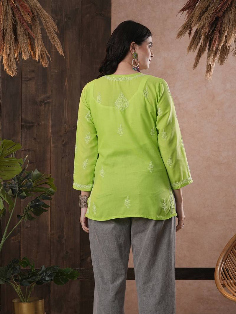 Hand Embroidered Green Cotton Chikankari Quarter Sleeve Stitched Women Short Kurti