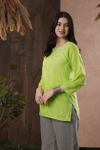 Hand Embroidered Green Cotton Chikankari Quarter Sleeve Stitched Women Short Kurti