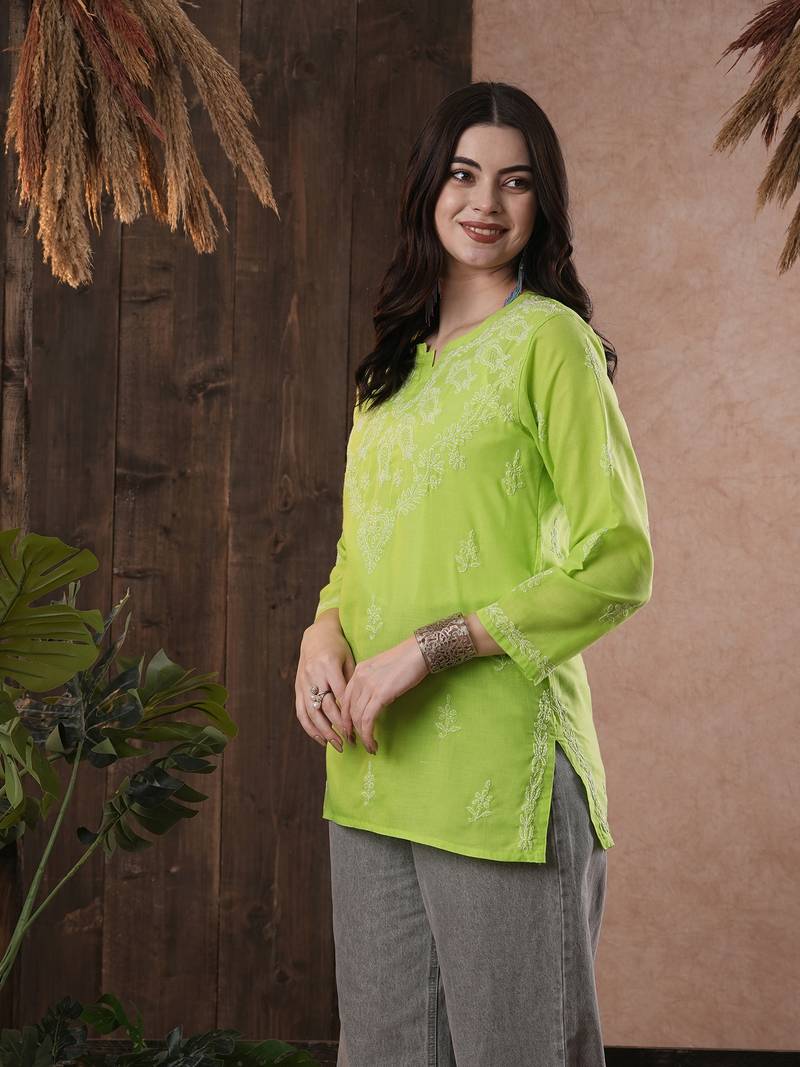Hand Embroidered Green Cotton Chikankari Quarter Sleeve Stitched Women Short Kurti