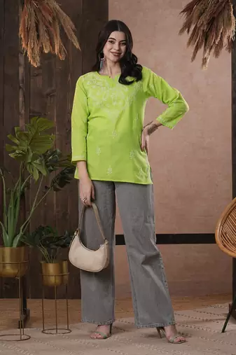 Hand Embroidered Green Cotton Chikankari Quarter Sleeve Stitched Women Short Kurti