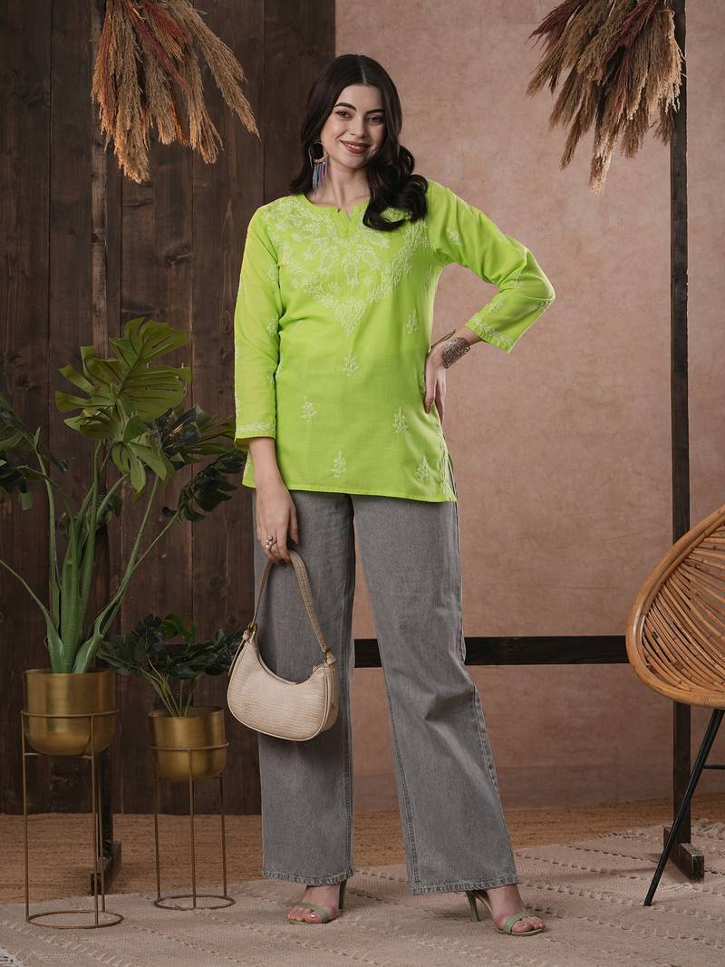Hand Embroidered Green Cotton Chikankari Quarter Sleeve Stitched Women Short Kurti