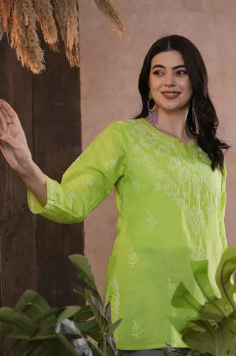 Hand Embroidered Green Cotton Chikankari Quarter Sleeve Stitched Women Short Kurti