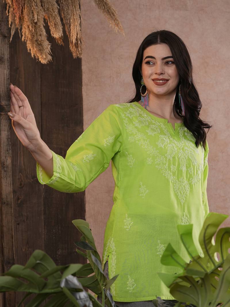 Hand Embroidered Green Cotton Chikankari Quarter Sleeve Stitched Women Short Kurti