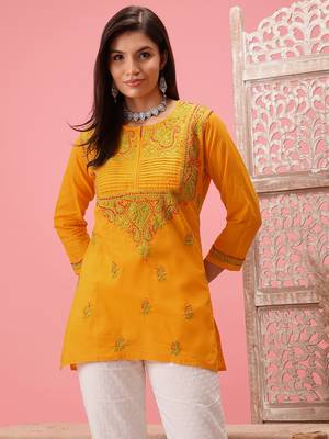Cotton Yellow Embroidered Chikankari Quarter Sleeve Stitched Women Short Kurti 1