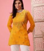 Cotton Yellow Embroidered Chikankari Quarter Sleeve Stitched Women Short Kurti