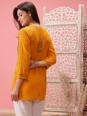 Cotton Yellow Embroidered Chikankari Quarter Sleeve Stitched Women Short Kurti 2