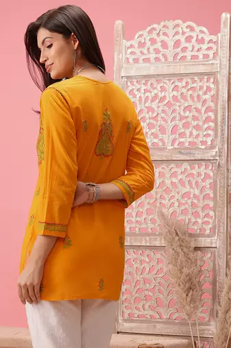 Cotton Yellow Embroidered Chikankari Quarter Sleeve Stitched Women Short Kurti