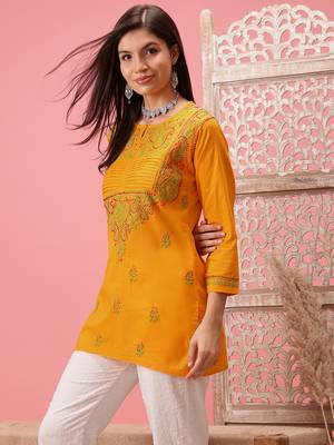 Cotton Yellow Embroidered Chikankari Quarter Sleeve Stitched Women Short Kurti 3