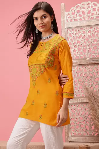 Cotton Yellow Embroidered Chikankari Quarter Sleeve Stitched Women Short Kurti