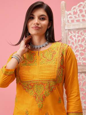 Cotton Yellow Embroidered Chikankari Quarter Sleeve Stitched Women Short Kurti 4