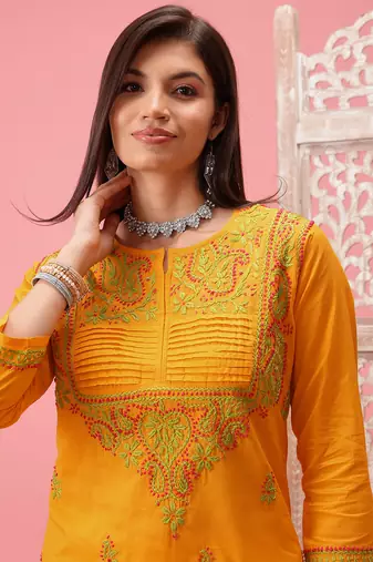 Cotton Yellow Embroidered Chikankari Quarter Sleeve Stitched Women Short Kurti