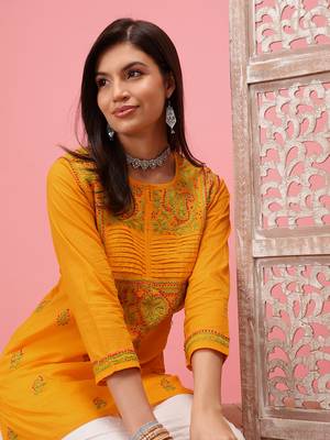 Cotton Yellow Embroidered Chikankari Quarter Sleeve Stitched Women Short Kurti 5
