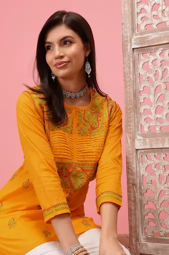 Cotton Yellow Embroidered Chikankari Quarter Sleeve Stitched Women Short Kurti