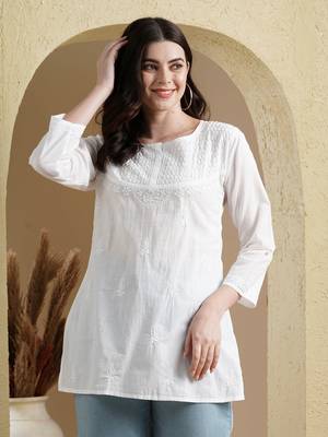 Hand Embroidered White Cotton Lucknowi Chikankari Women Kurti 1