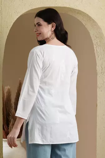 Hand Embroidered White Cotton Lucknowi Chikankari Women Kurti