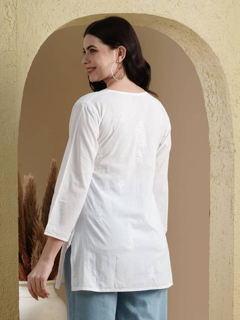 Hand Embroidered White Cotton Lucknowi Chikankari Women Kurti