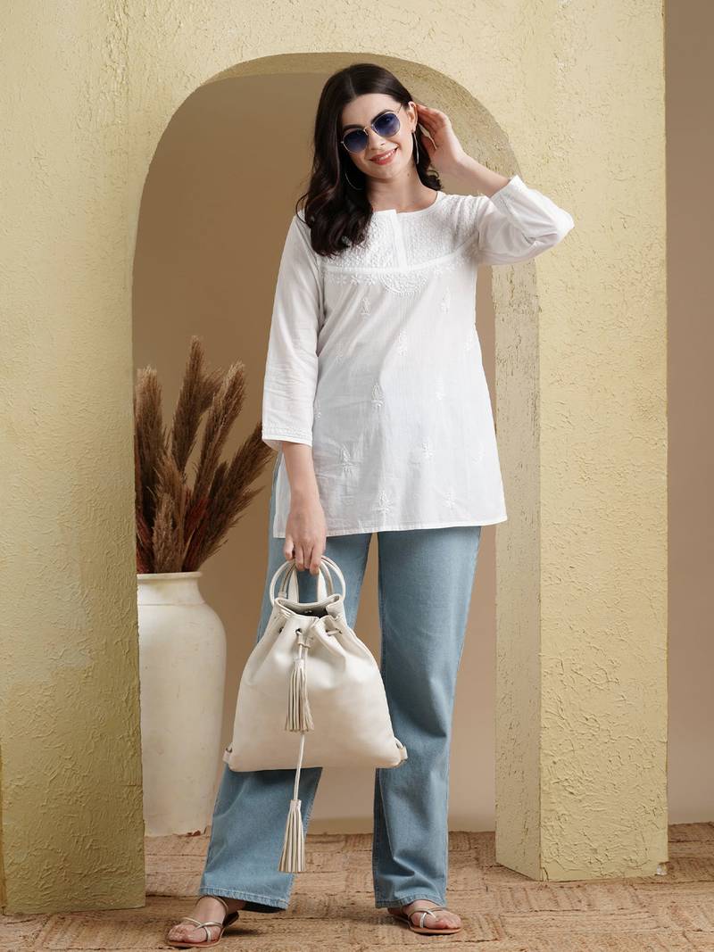 Hand Embroidered White Cotton Lucknowi Chikankari Women Kurti