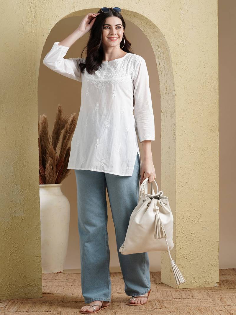 Hand Embroidered White Cotton Lucknowi Chikankari Women Kurti