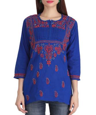 Ada Hand Embroidered Royal Blue Cotton Lucknow Chikankari Women Short Kurti - A226846 1