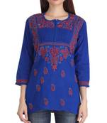 Ada Hand Embroidered Royal Blue Cotton Lucknow Chikankari Women Short Kurti - A226846