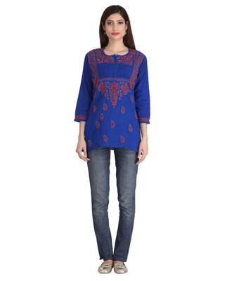 Ada Hand Embroidered Royal Blue Cotton Lucknow Chikankari Women Short Kurti - A226846 2