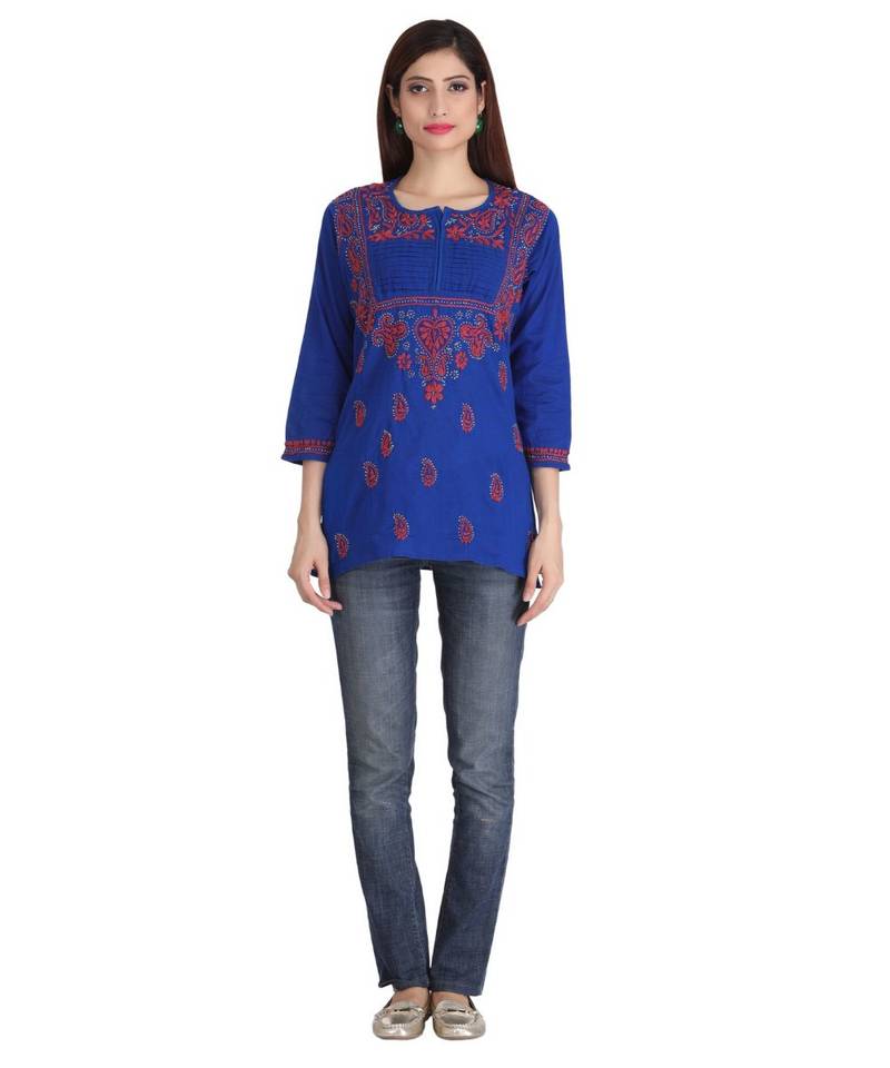 Ada Hand Embroidered Royal Blue Cotton Lucknow Chikankari Women Short Kurti - A226846