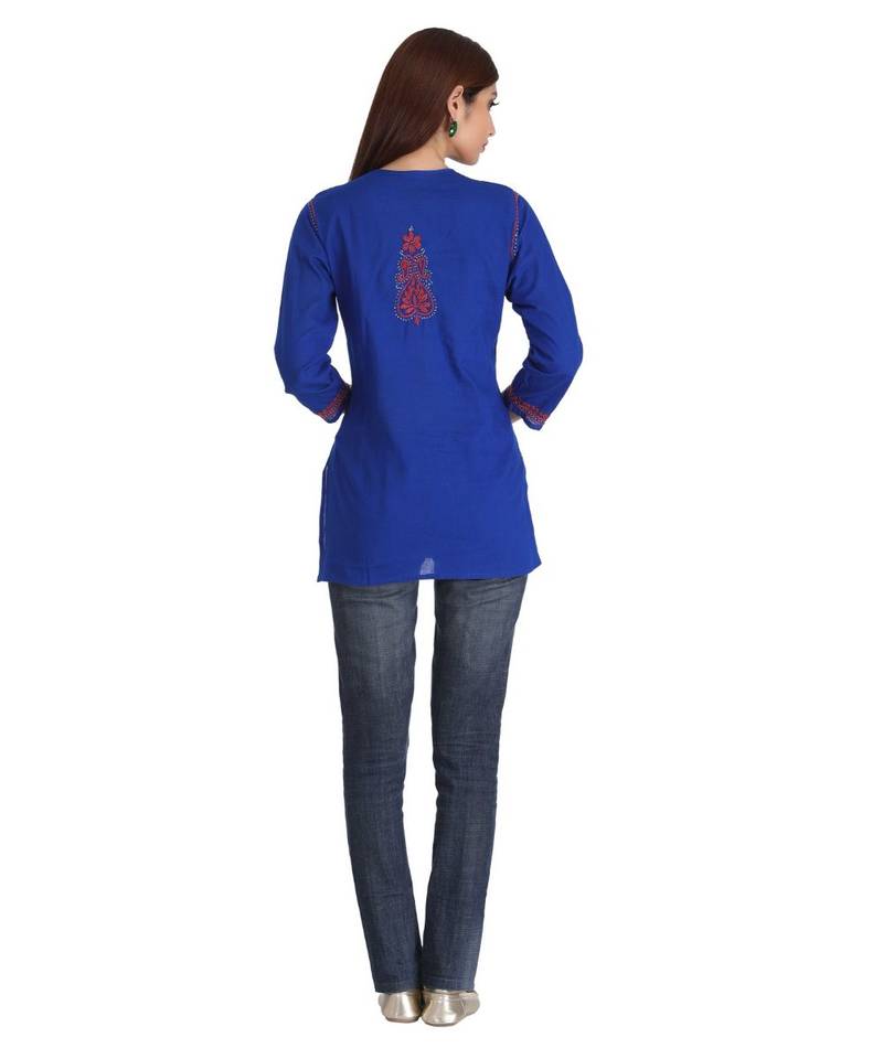 Ada Hand Embroidered Royal Blue Cotton Lucknow Chikankari Women Short Kurti - A226846