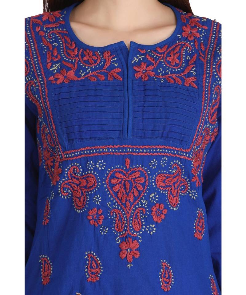 Ada Hand Embroidered Royal Blue Cotton Lucknow Chikankari Women Short Kurti - A226846