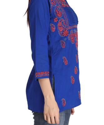 Ada Hand Embroidered Royal Blue Cotton Lucknow Chikankari Women Short Kurti - A226846 5