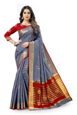 Grey woven silk blend saree with blouse 1