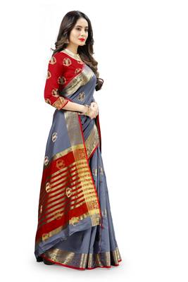 Grey woven silk blend saree with blouse 3