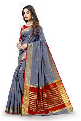 Grey woven silk blend saree with blouse 4