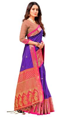 Purple woven silk blend saree with blouse 3