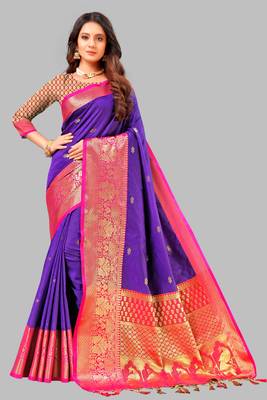 Purple woven silk blend saree with blouse 6