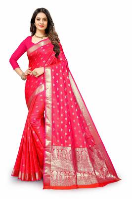 Pink woven silk blend saree with blouse 1