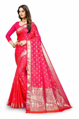 Pink woven silk blend saree with blouse 2