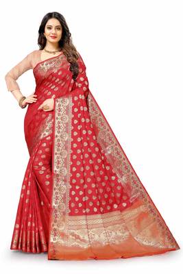 Maroon woven silk blend saree with blouse 1
