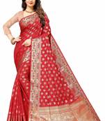 Maroon woven silk blend saree with blouse