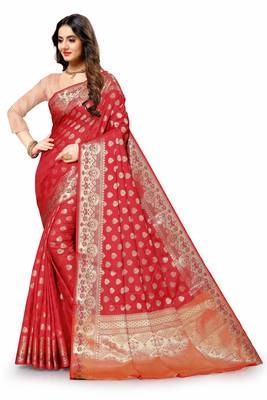 Maroon woven silk blend saree with blouse 2