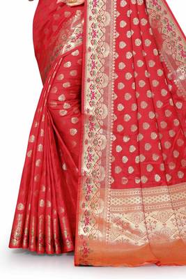 Maroon woven silk blend saree with blouse 4