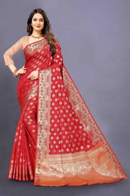 Maroon woven silk blend saree with blouse 5