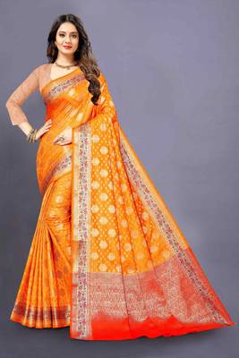 Orange woven silk blend saree with blouse 1