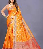 Orange woven silk blend saree with blouse
