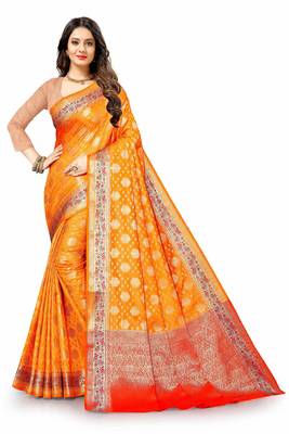 Orange woven silk blend saree with blouse 2
