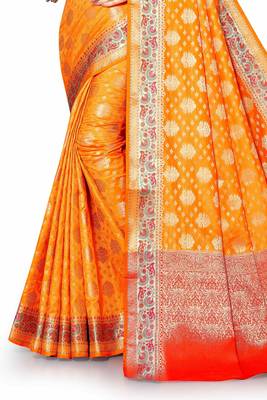 Orange woven silk blend saree with blouse 5