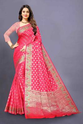 Pink woven silk blend saree with blouse 1