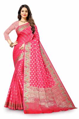 Pink woven silk blend saree with blouse 2