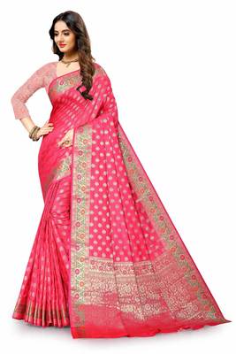Pink woven silk blend saree with blouse 3